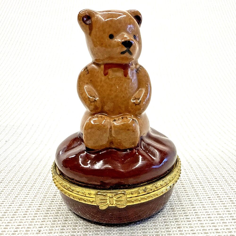 Brown Ceramic Teddy Bear Shaped Hinged Lid Ring Trinket Box 3.75"